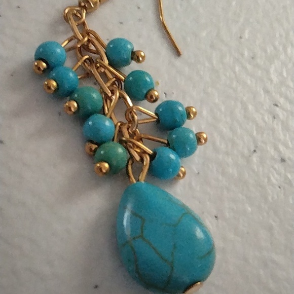 GOLD and Turquoise Dangle Earrings - Picture 2 of 2
